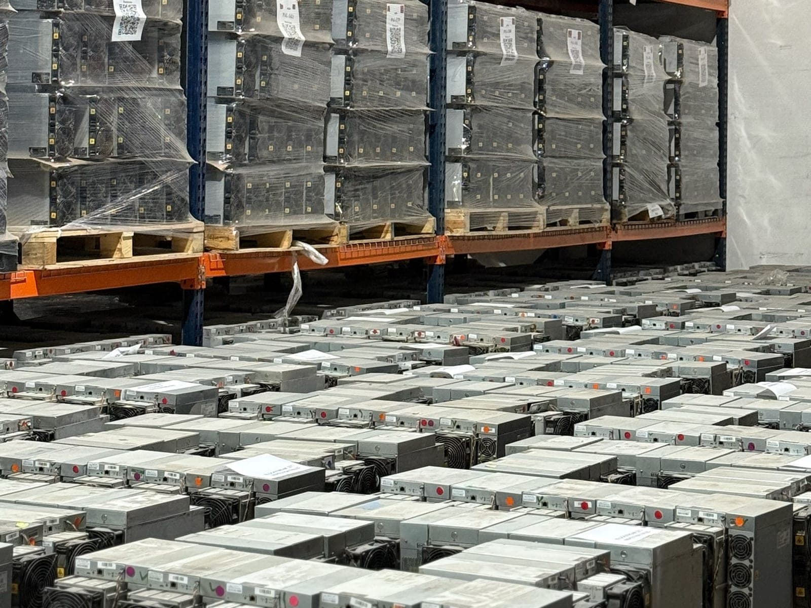 Racked, wrapped, and labelled pallets in climate-controlled storage at the ACS facility